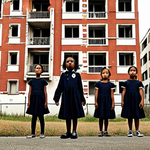Home 19 **A group of diverse children standing courageously in front of a haunted apartment building, musical notes swirling around them, representing the blend of fear and hope from the "Shinbi Apartment" soundtrack.**