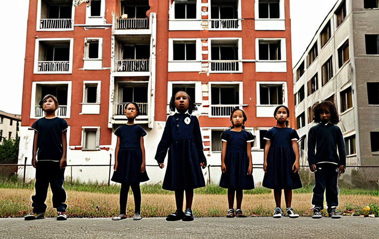 **A group of diverse children standing courageously in front of a haunted apartment building, musical notes swirling around them, representing the blend of fear and hope from the "Shinbi Apartment" soundtrack.**