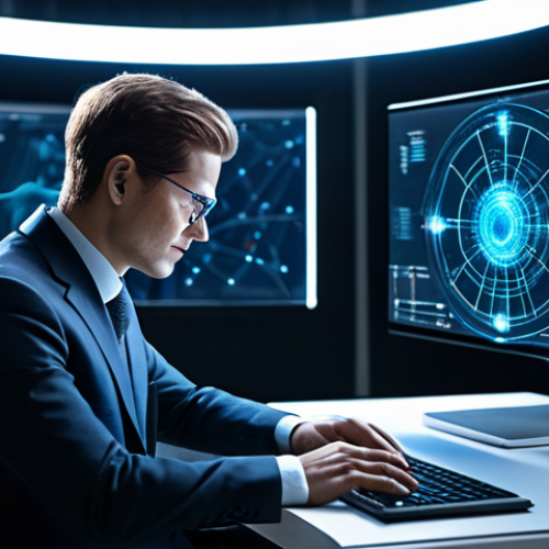 Home 18 A professional individual, fully clothed in a modest business suit, seated at a sleek, minimalist desk in a futuristic research laboratory. The individual is interacting with a glowing holographic interface, displaying complex data visualizations and neural network structures. The scene emphasizes innovation, human-technology synergy, and enhanced cognitive capabilities. Natural pose, perfect anatomy, correct proportions, well-formed hands, proper finger count, professional photography, high-resolution, bright studio lighting, appropriate content, safe for work, fully clothed, professional dress.
