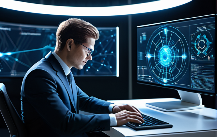 A professional individual, fully clothed in a modest business suit, seated at a sleek, minimalist desk in a futuristic research laboratory. The individual is interacting with a glowing holographic interface, displaying complex data visualizations and neural network structures. The scene emphasizes innovation, human-technology synergy, and enhanced cognitive capabilities. Natural pose, perfect anatomy, correct proportions, well-formed hands, proper finger count, professional photography, high-resolution, bright studio lighting, appropriate content, safe for work, fully clothed, professional dress.