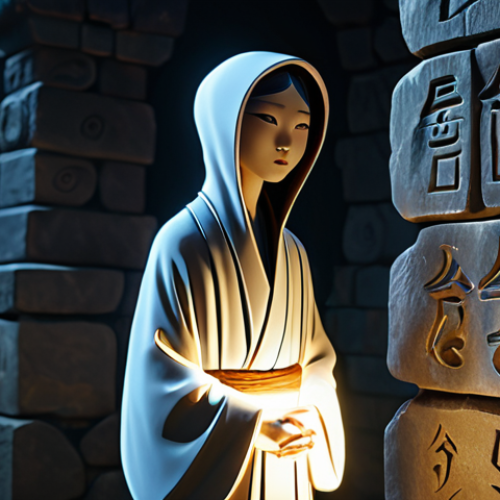 Home 17 A stylized, ethereal animated spirit figure, resembling a mysterious yet benevolent entity from Korean folklore animation, depicted with perfect anatomy and natural proportions. The figure is fully clothed in flowing, modest, ancient-inspired robes, subtly translucent with a soft, internal glow. It stands in a dimly lit, atmospheric, mystical chamber, where soft, diffused light illuminates ancient runes faintly visible on stone walls, creating a sense of wonder and profound mystery. The figure's well-formed hands are gently clasped, and its pose is natural and graceful. This is a professional animation style, high detail, with volumetric lighting and dramatic shadow play. The image is safe for work, appropriate content, fully clothed, professional, and family-friendly.