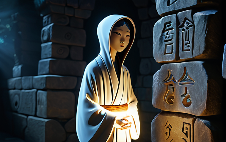 A stylized, ethereal animated spirit figure, resembling a mysterious yet benevolent entity from Korean folklore animation, depicted with perfect anatomy and natural proportions. The figure is fully clothed in flowing, modest, ancient-inspired robes, subtly translucent with a soft, internal glow. It stands in a dimly lit, atmospheric, mystical chamber, where soft, diffused light illuminates ancient runes faintly visible on stone walls, creating a sense of wonder and profound mystery. The figure's well-formed hands are gently clasped, and its pose is natural and graceful. This is a professional animation style, high detail, with volumetric lighting and dramatic shadow play. The image is safe for work, appropriate content, fully clothed, professional, and family-friendly.