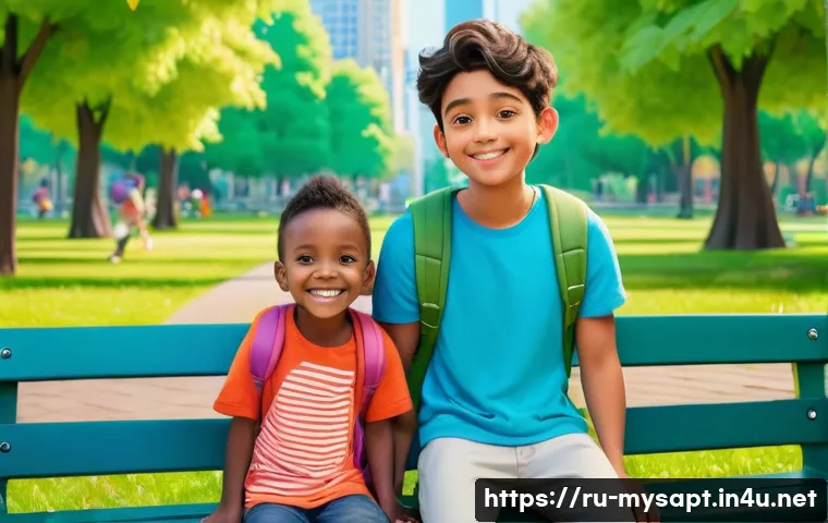 신비아파트 하리의 일상 이야기 - A cheerful young boy named Hari wearing colorful casual clothes and a backpack, helping a lost toddl...