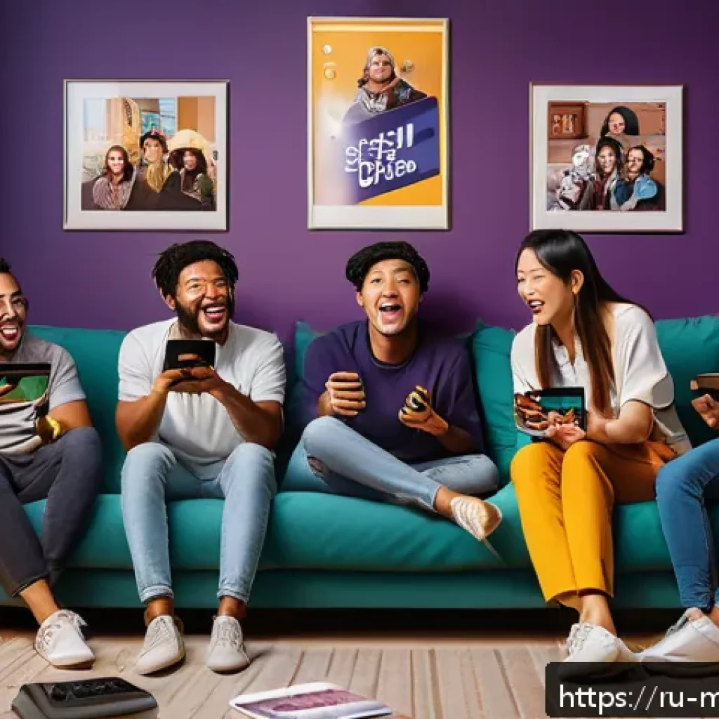 신비아파트 팬덤 커뮤니티 동향 - A lively fan community gathering around multiple digital devices in a cozy, modern room decorated wi...