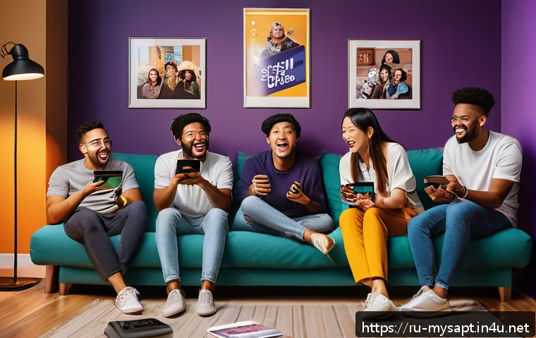 신비아파트 팬덤 커뮤니티 동향 - A lively fan community gathering around multiple digital devices in a cozy, modern room decorated wi...