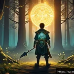 Home 21 신비아파트 관련 한국 민속 신화 - A mystical animated scene depicting a young warrior hero standing in an ancient forest clearing at t...
