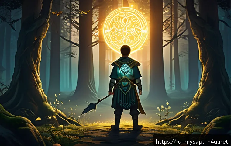 신비아파트 관련 한국 민속 신화 - A mystical animated scene depicting a young warrior hero standing in an ancient forest clearing at t...