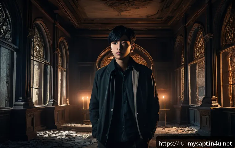 신비아파트 팬소설 추천 - A mysterious scene inside an ancient, dimly lit abandoned mansion inspired by Shinbi Apartment, feat...