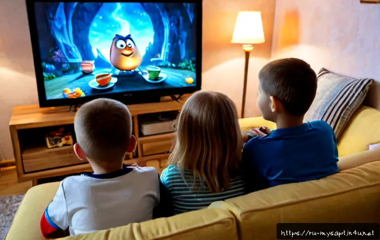 Home 17 신비아파트 초보자 시청 가이드 - Photorealistic cozy Russian family living room, a parent and two school-age children seated on a sof...