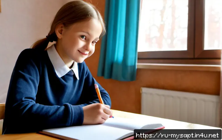 신비아파트 하리의 성장 일기 - Photorealistic coming-of-age diary scene, cheerful Russian schoolgirl in modest casual clothes sitti...