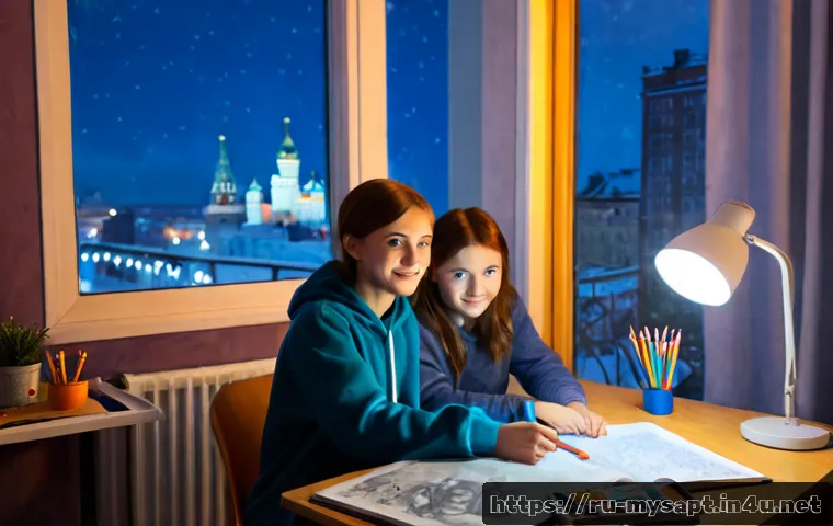 신비아파트 팬덤 아트워크 - Photorealistic cozy Russian apartment bedroom at dusk, two teenage friends creating original superna...